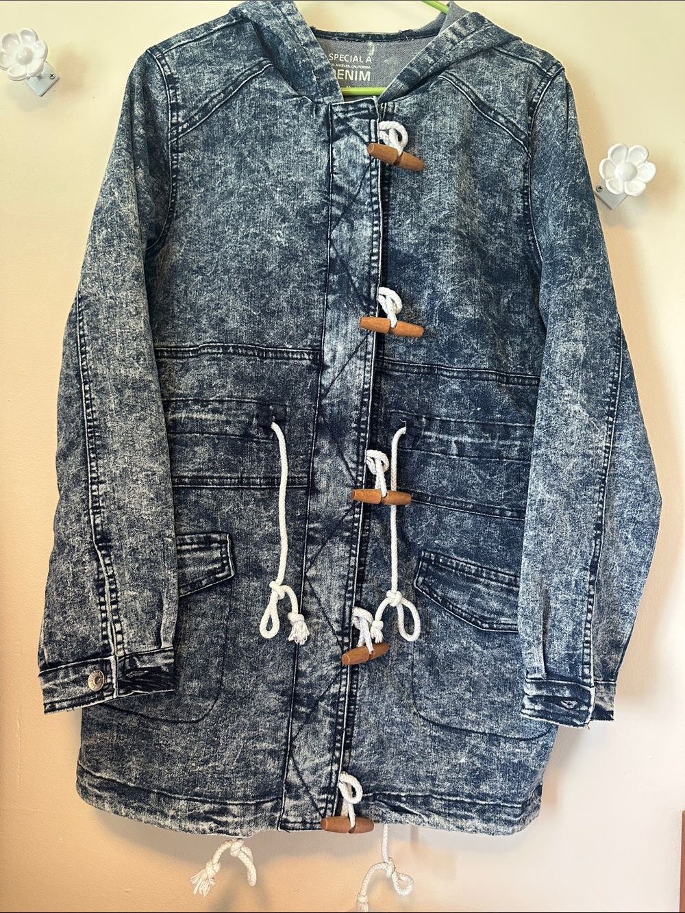 Denim Hooded Toggle Jacket - Acid Wash Blue